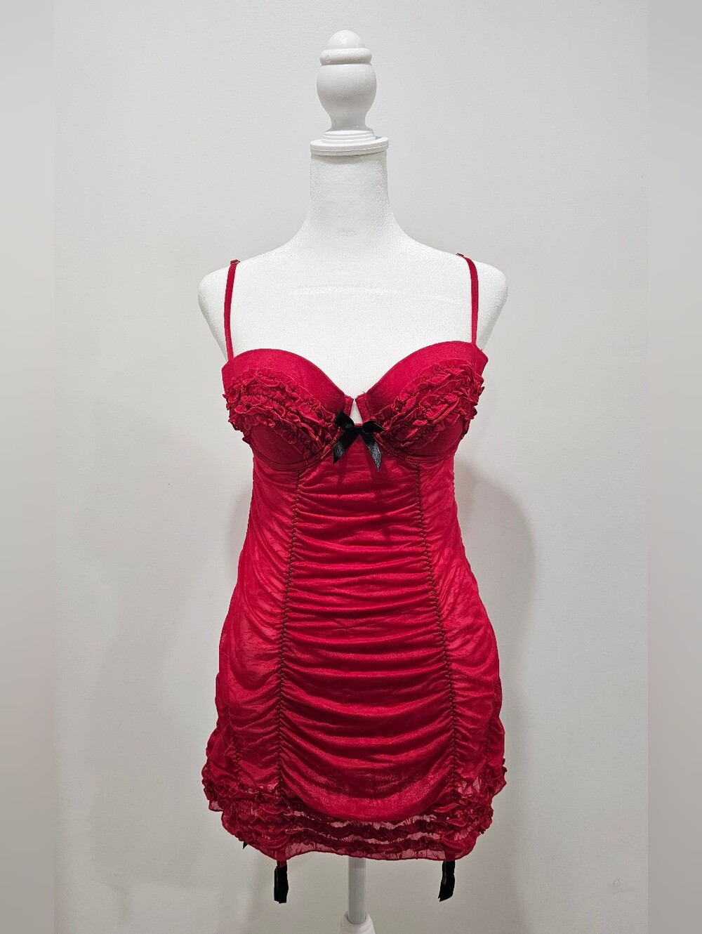 Victoria's Secret Red Ruffled Satin Chemise with Black Bow
